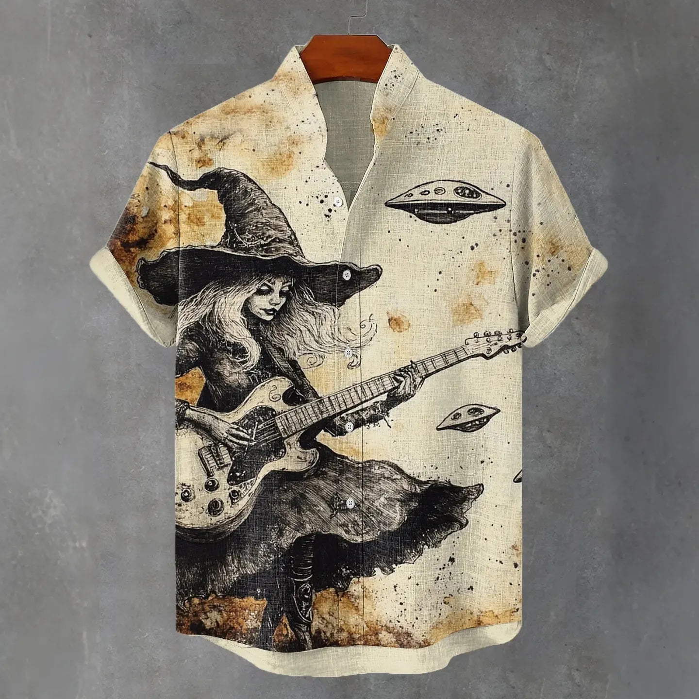 Men's Japanese Art Witch Guitar Print Cotton Linen Shirt