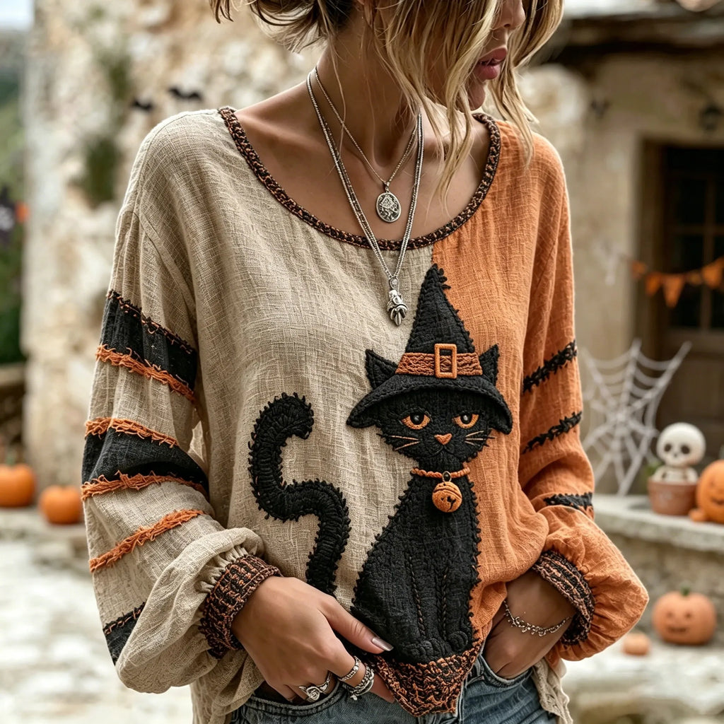 Women's Retro Halloween Wizard Cat Art Embroidered Linen Blend Round Neck Long Sleeve Tops
