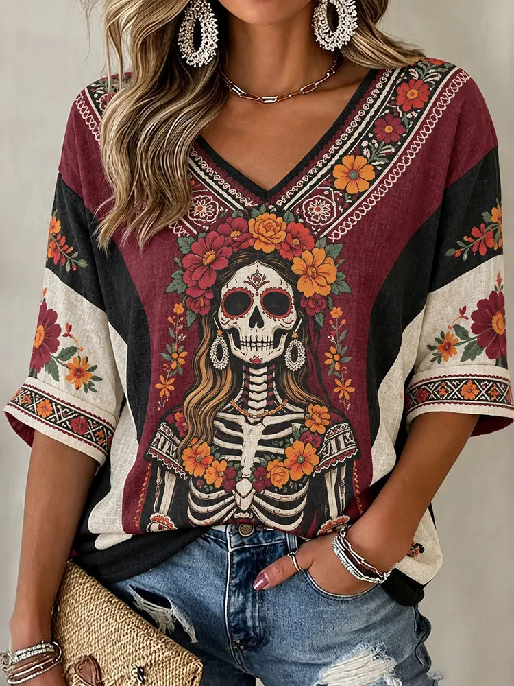Vintage Mexico's Day Of The Dead Sugar Skull Floral Art Print Long Sleeve T-shirt