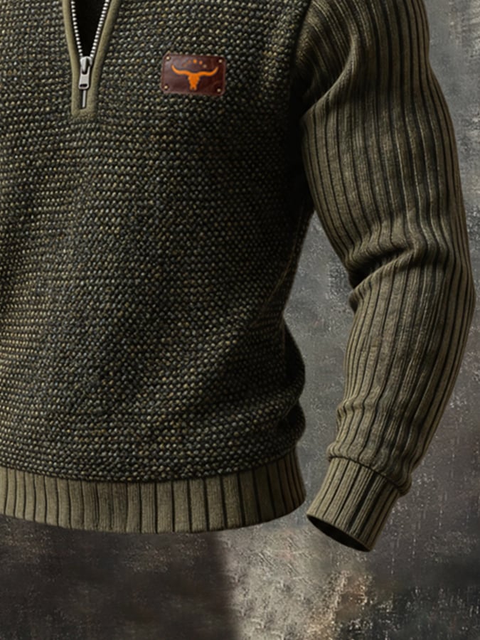 Men's Vintage-Style Suede-Panel Button-Front Long-Sleeve Henley Sweater