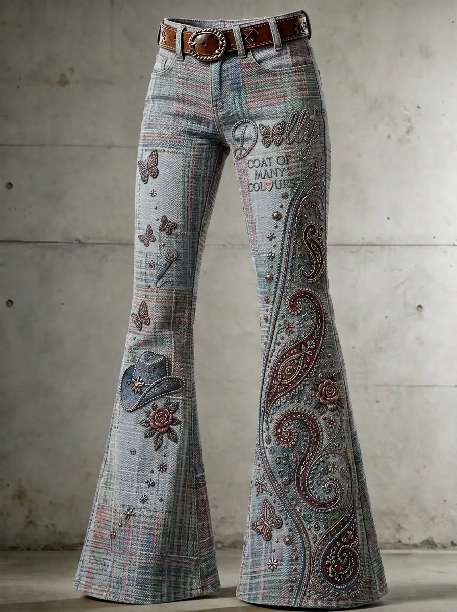 Women's Dolly Parton Coat of Many Colours Paisley Butterfly Printed Flare Jeans