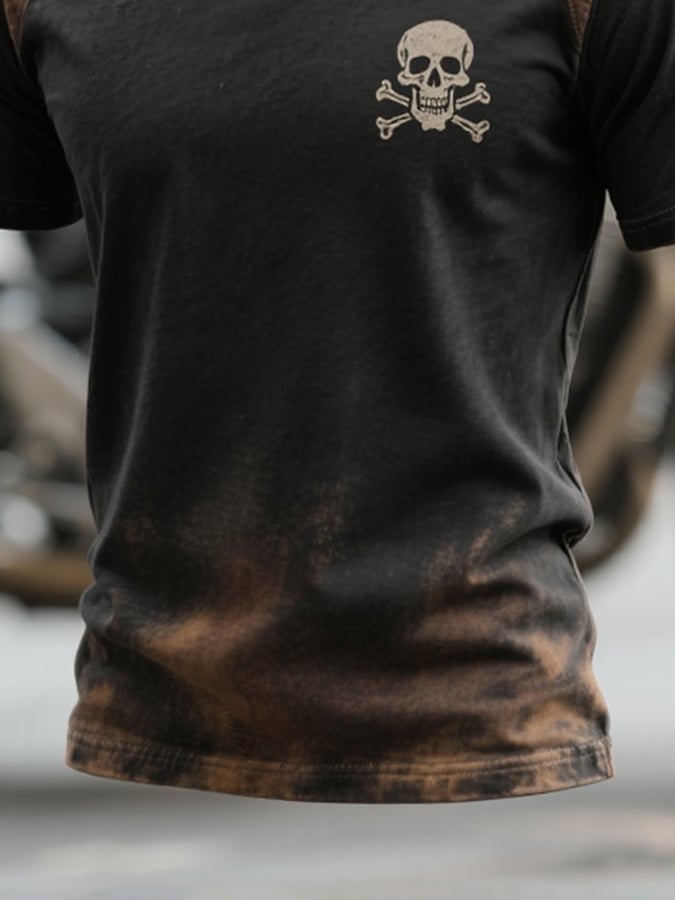 Men's retro color block round neck short sleeve t-shirt for motorcyclists