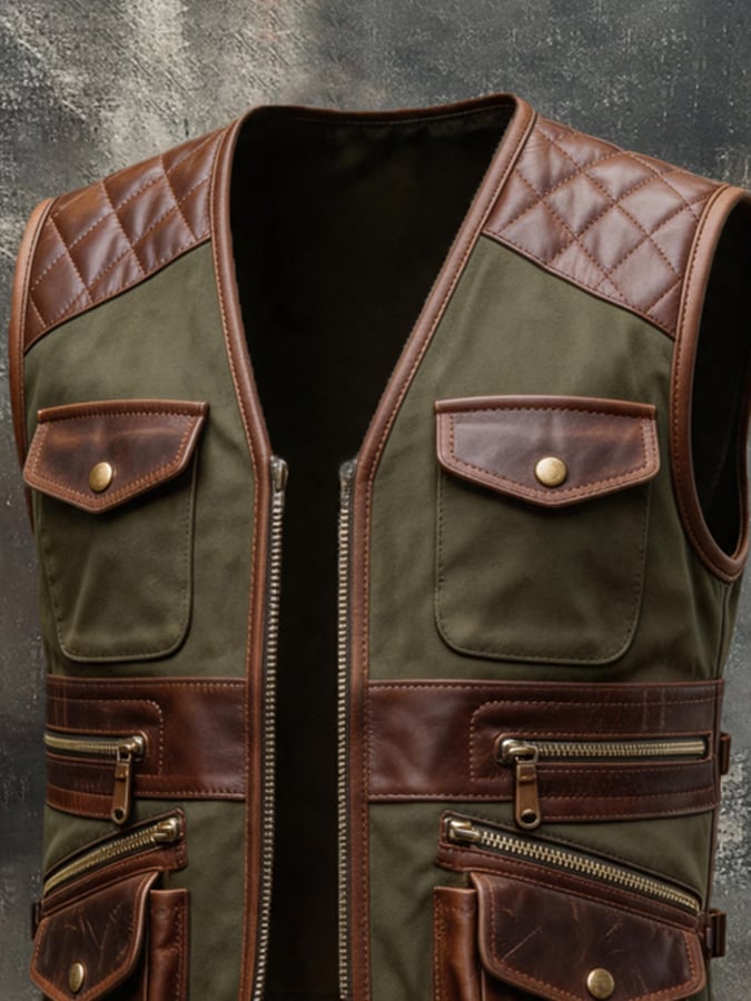 Men's Vintage Multi-Pocket Paneled Leather Vest Jacket