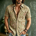 Men's Circular Peace Sign Floral Print Short Sleeve Buttons Shirt