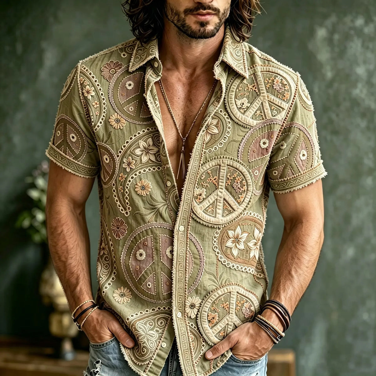 Men's Circular Peace Sign Floral Print Short Sleeve Buttons Shirt