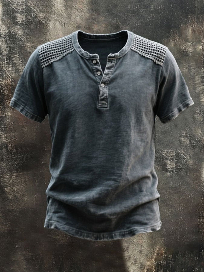 Men's Vintage Distressed Colorblock Casual Henley Short Sleeve T-Shirt