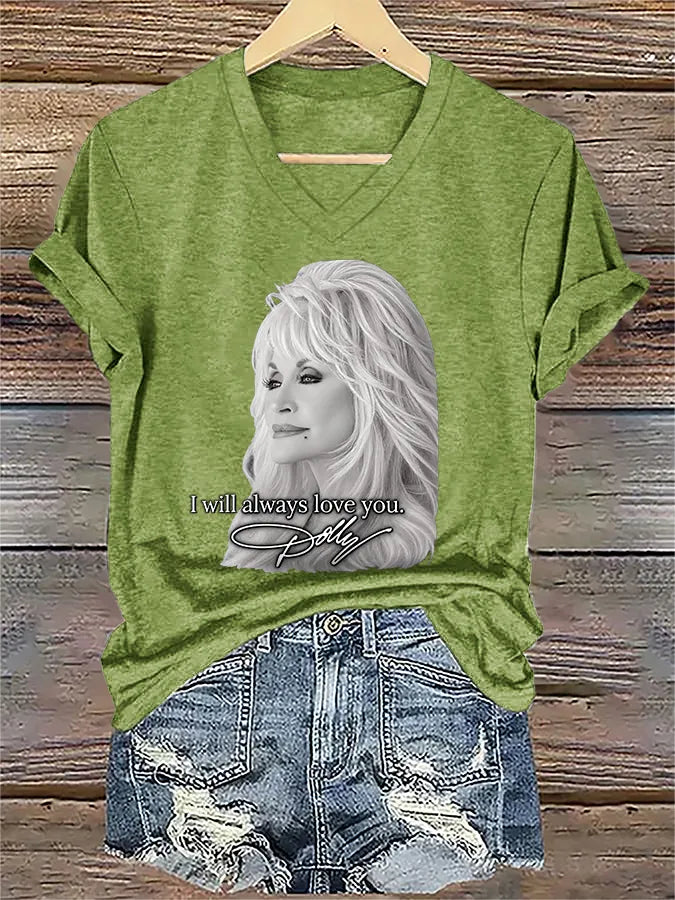 V-Neck Retro I Will Always Love You Print T-Shirt