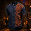 Men's Floral Sugar Skull And Butterflies Day of the Dead Print Stand Collar Short Sleeve Shirt