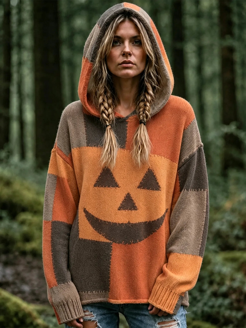 Women's Vintage Halloween Pumpkin Face Print Cozy Art Knit Hooded Sweater