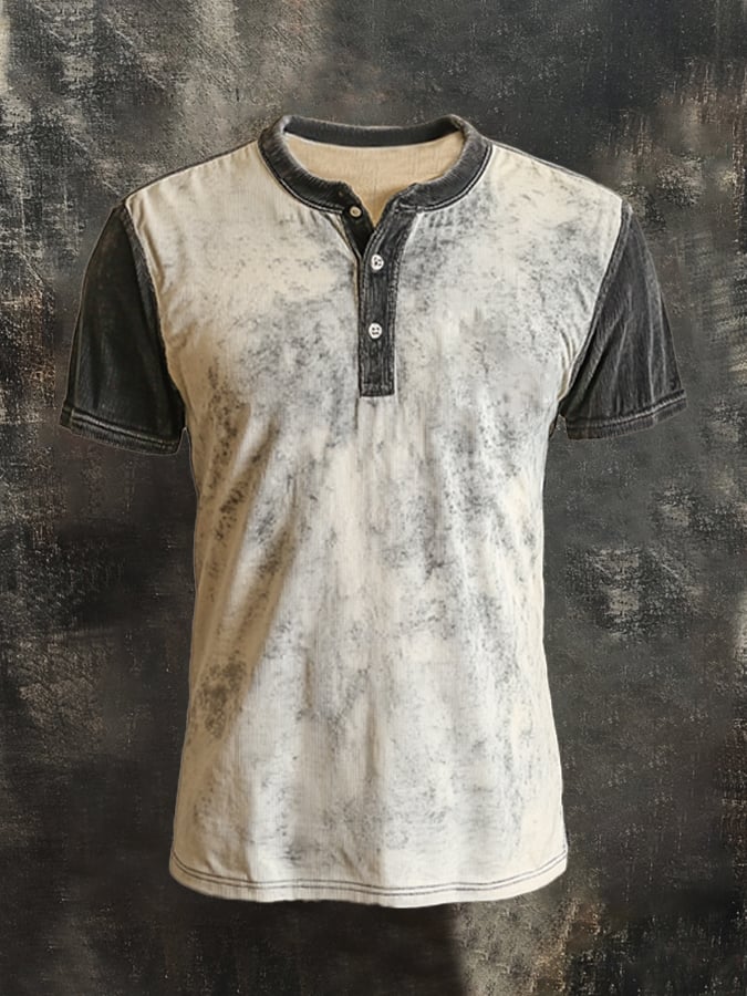 Men's casual Henley shirt in retro contrast print with short sleeves