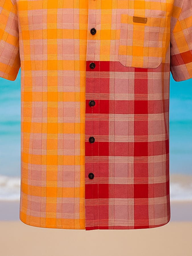 Men's linen shirt with checked pattern, casual, short sleeve