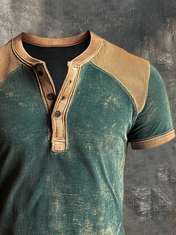 Men's Vintage Distressed Colorblock Casual Henley Short Sleeve T-Shirt
