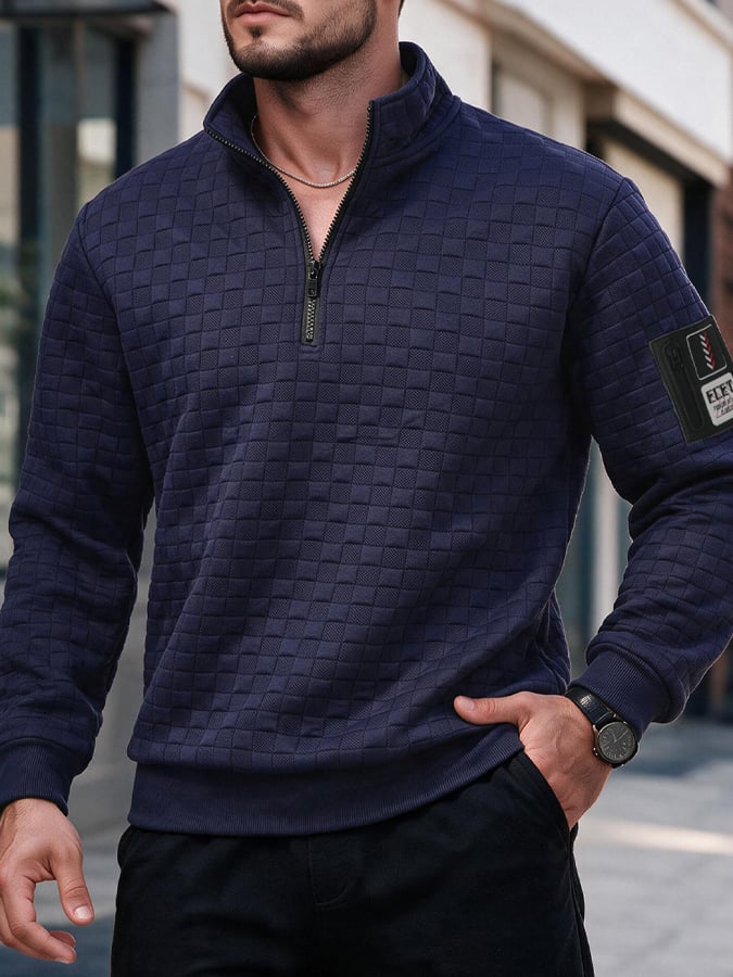 Men's Retro Textured Check Zip-Neck Sweatshirt
