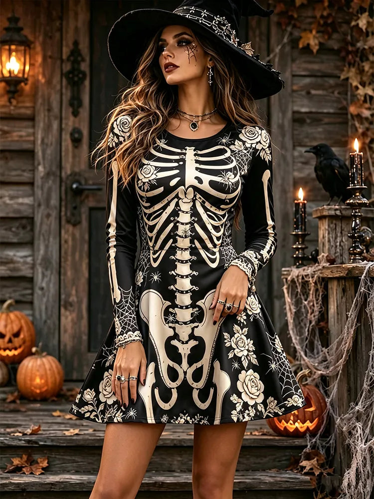 Women's Halloween Skeleton Rose Spiderweb Print Round Neck Dress