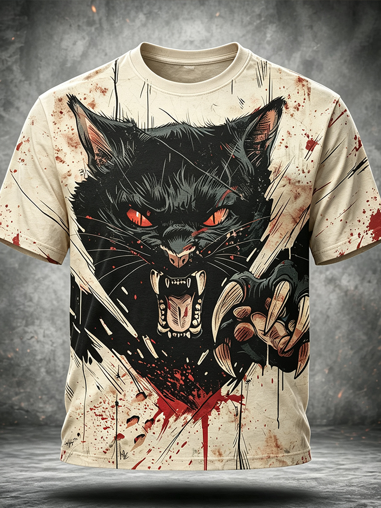 Men's Graphic Short Sleeve T-shirt Featuring Aggressive Black Cat With Bared Fangs And Claws
