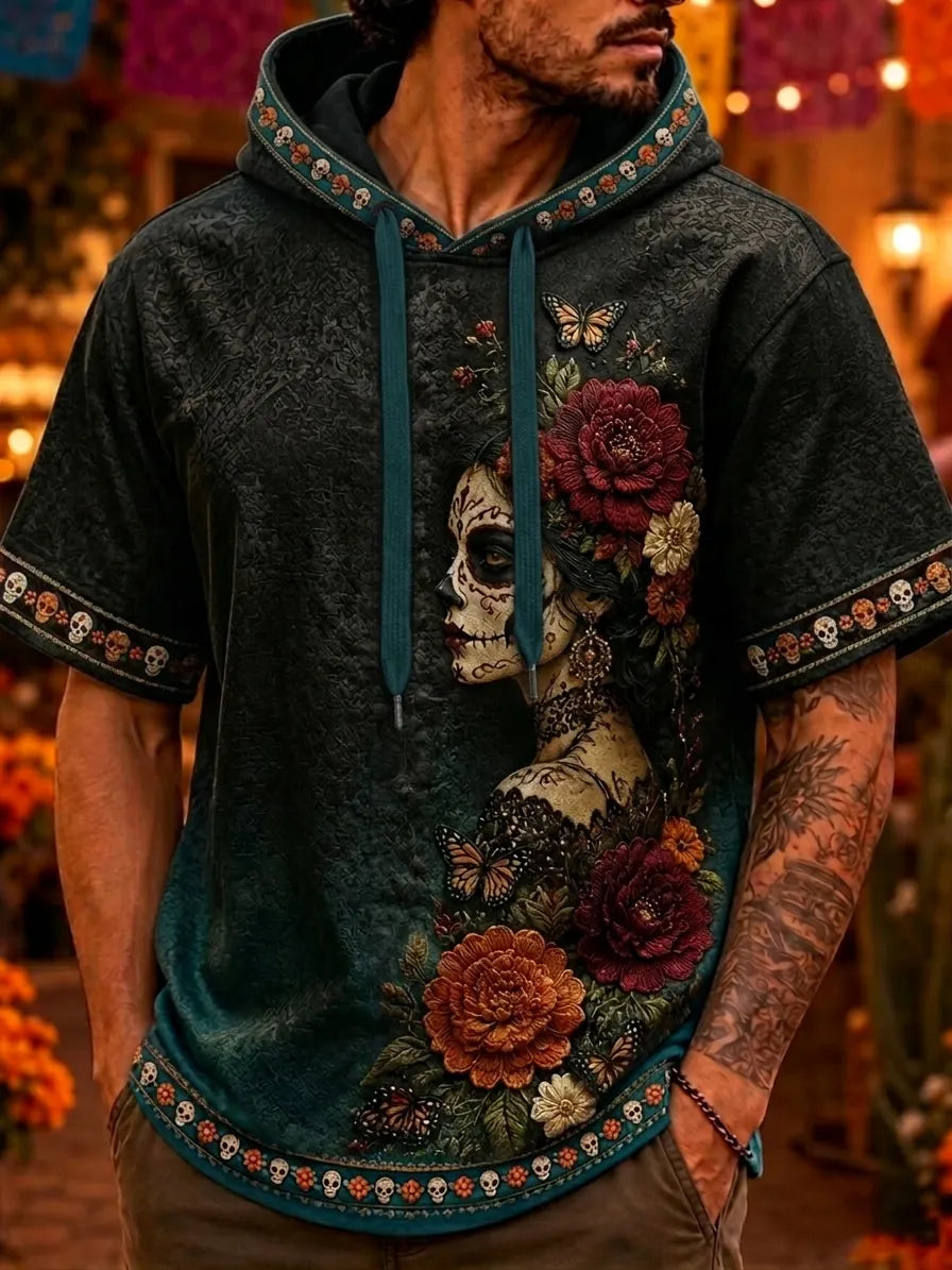 Men's Day Of The Dead Calavera Figure Butterfly Blossom Print Hooded T-Shirt