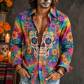 Men‘s Retro Mexico Day Of The Dead Colorful Floral Skull Printed Long-sleeved Shirt