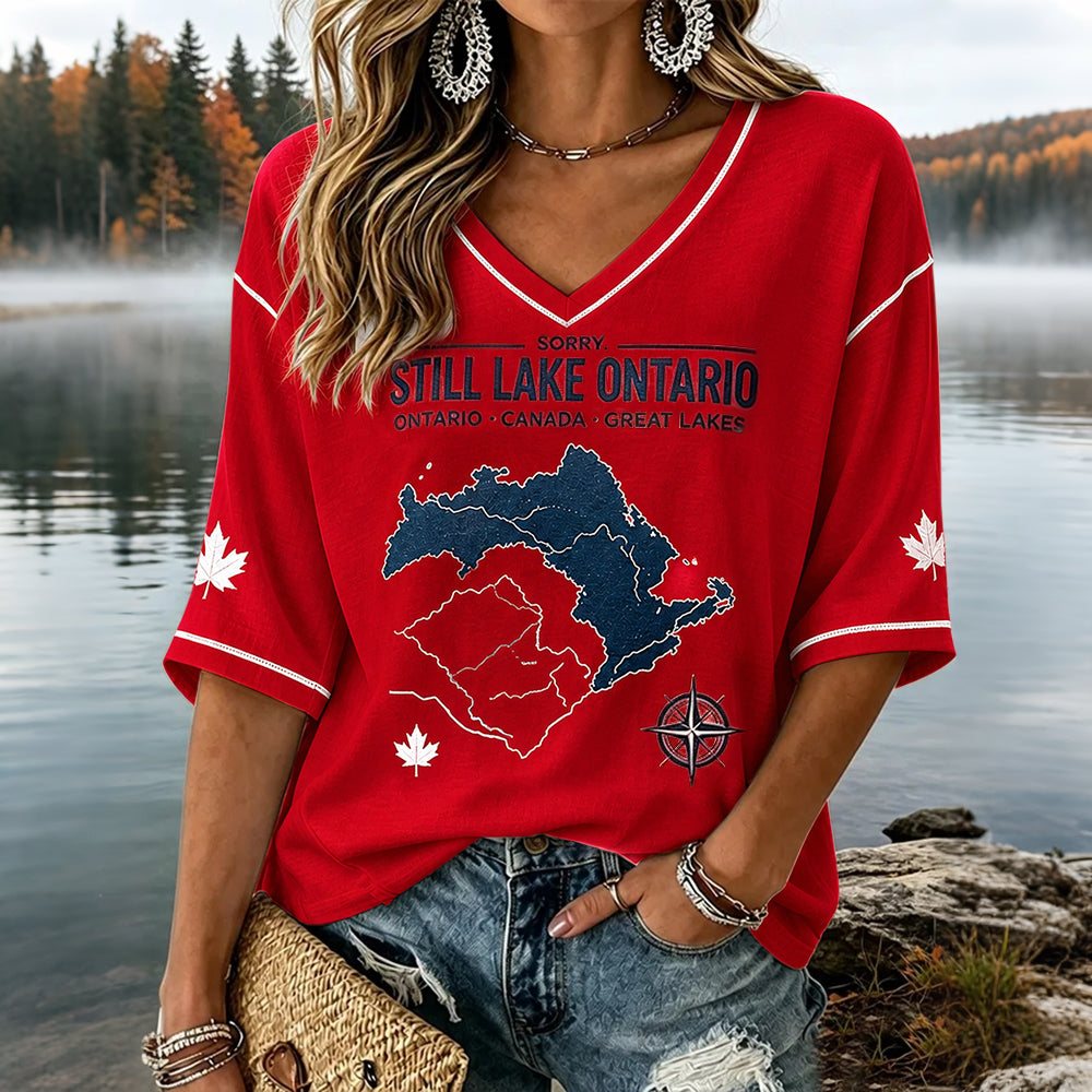 Women’s "always Lake Ontario" Comfortable Mid-length Sleeves V-neck T-shirt