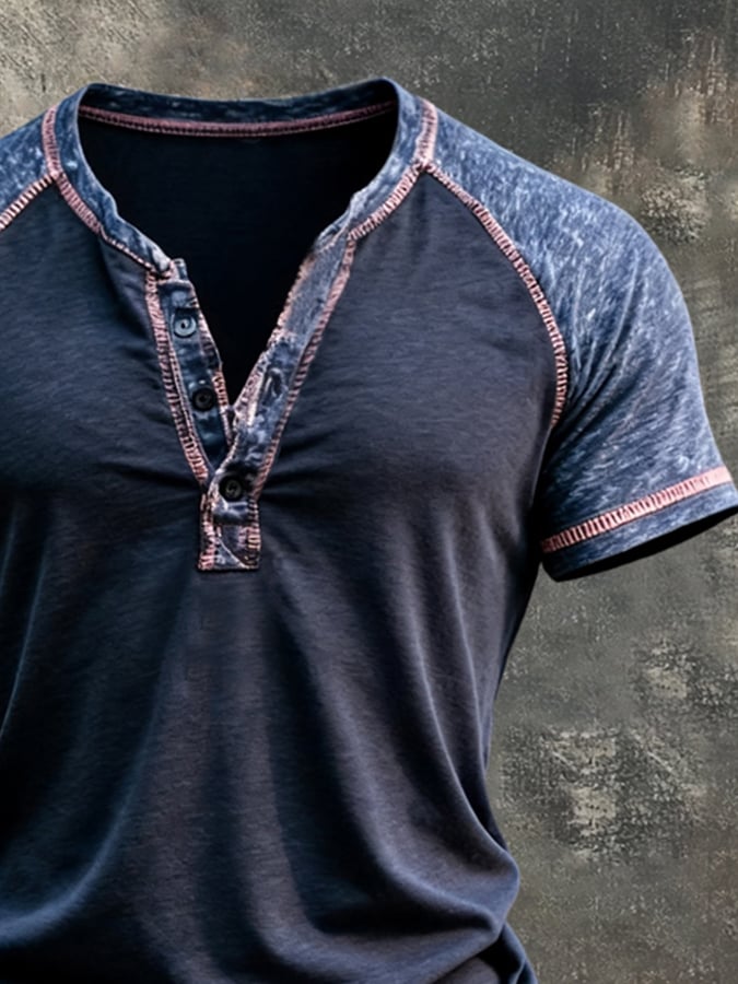Men's Retro Color-Block Short-Sleeve Henley Shirt