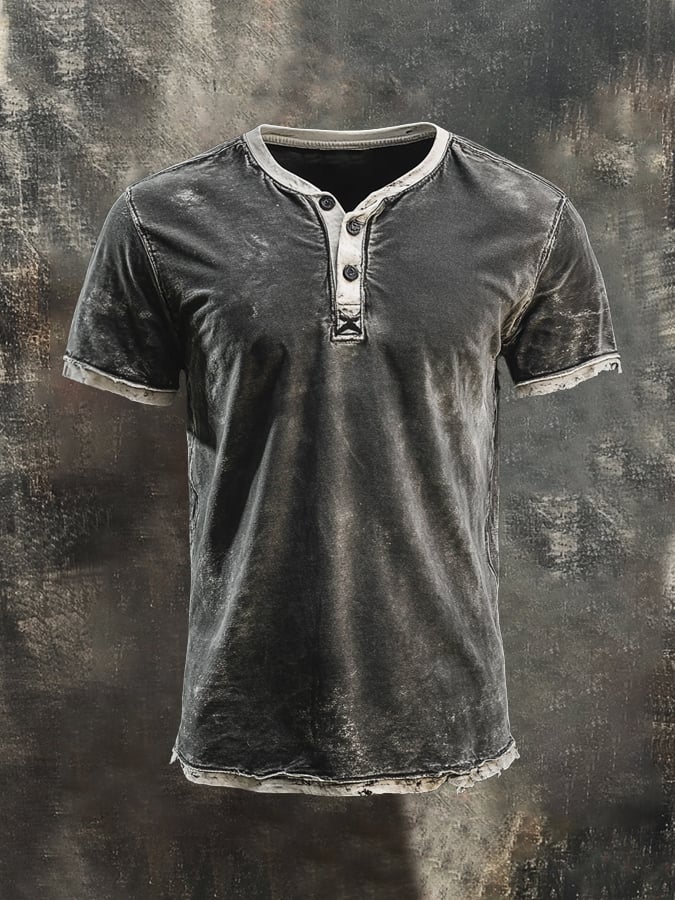 Men's retro wash casual Henley short sleeve t-shirt