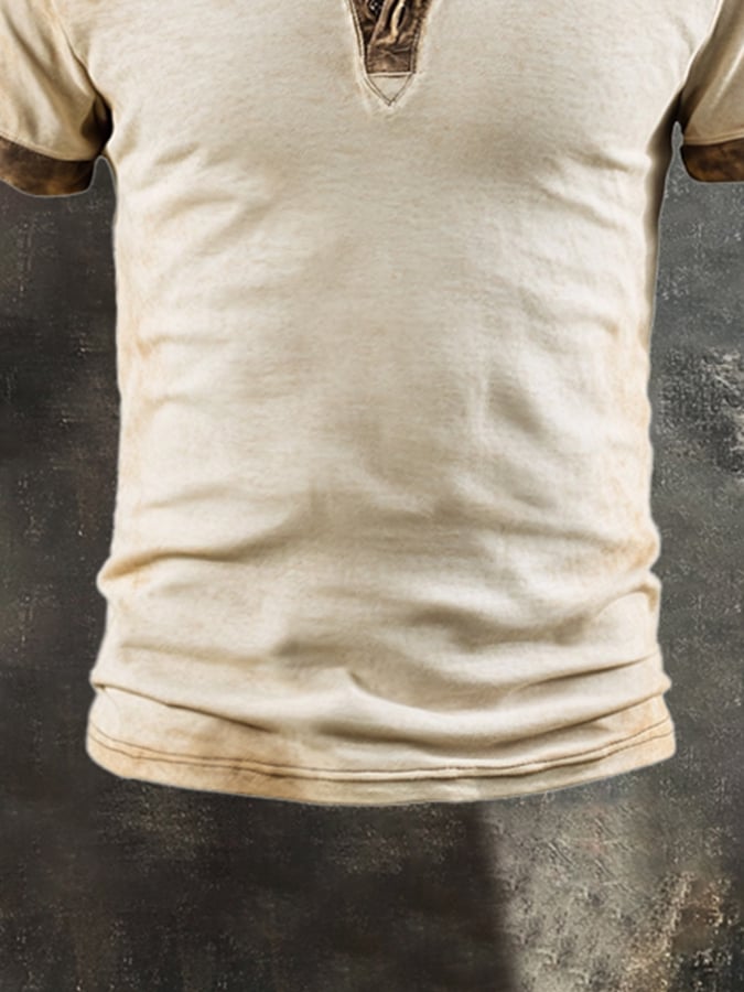 Men's Vintage Color Block Cotton Casual Henley Short Sleeve T-Shirt