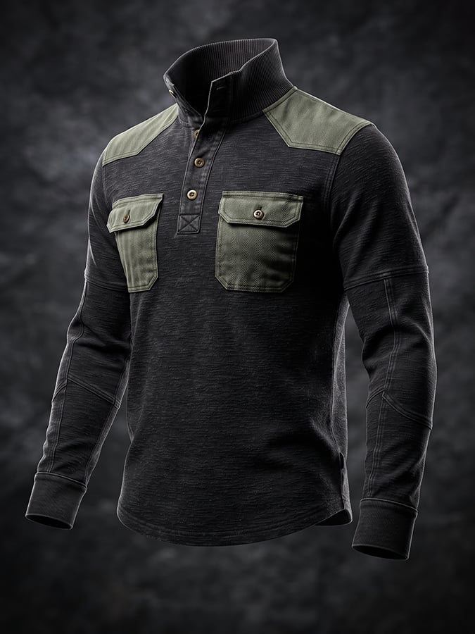 Men’s Tactical Henley | Cargo Pocket Contrast Long‐Sleeve