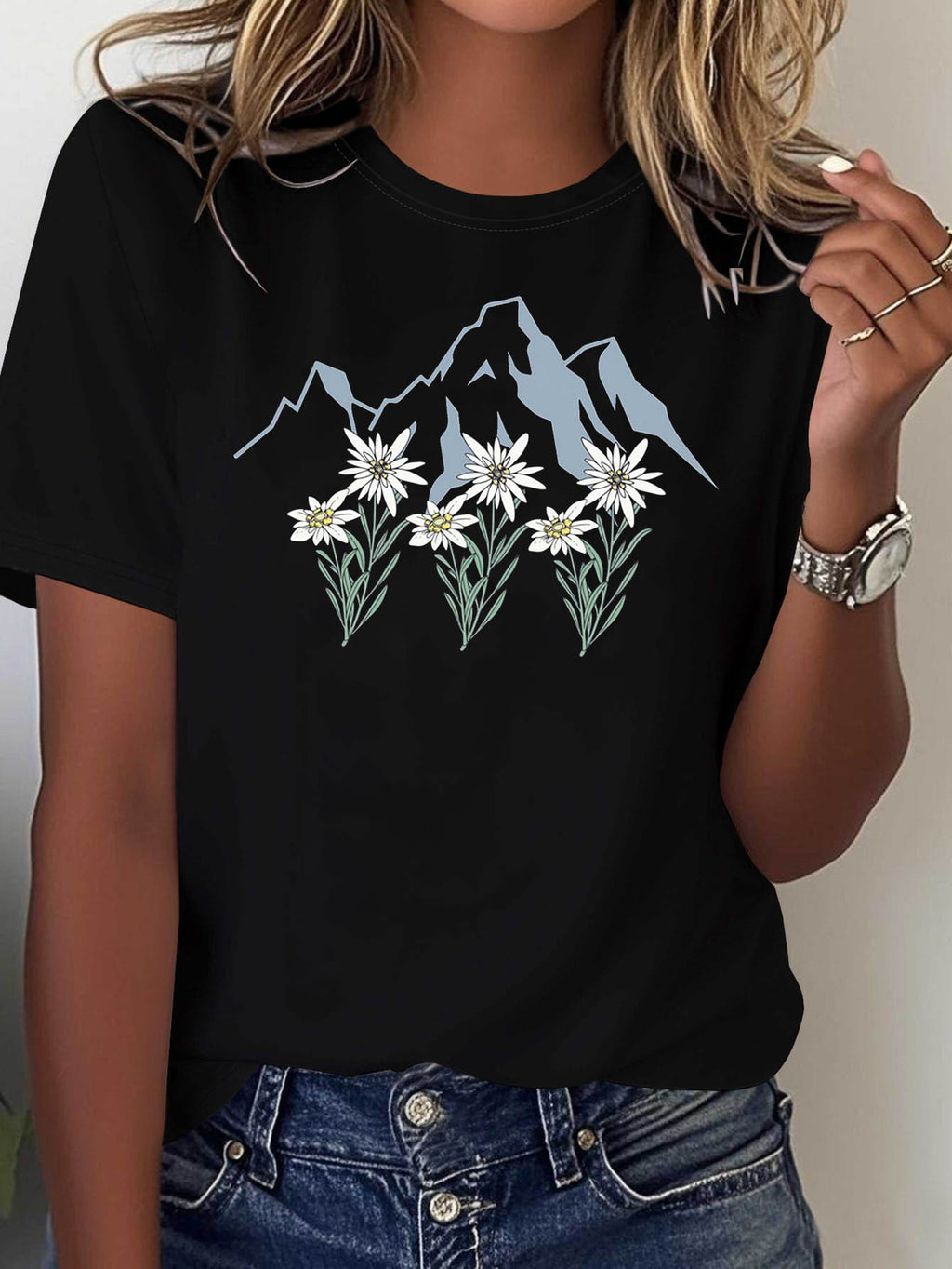 Minimalist Mountain & Flower T-Shirt