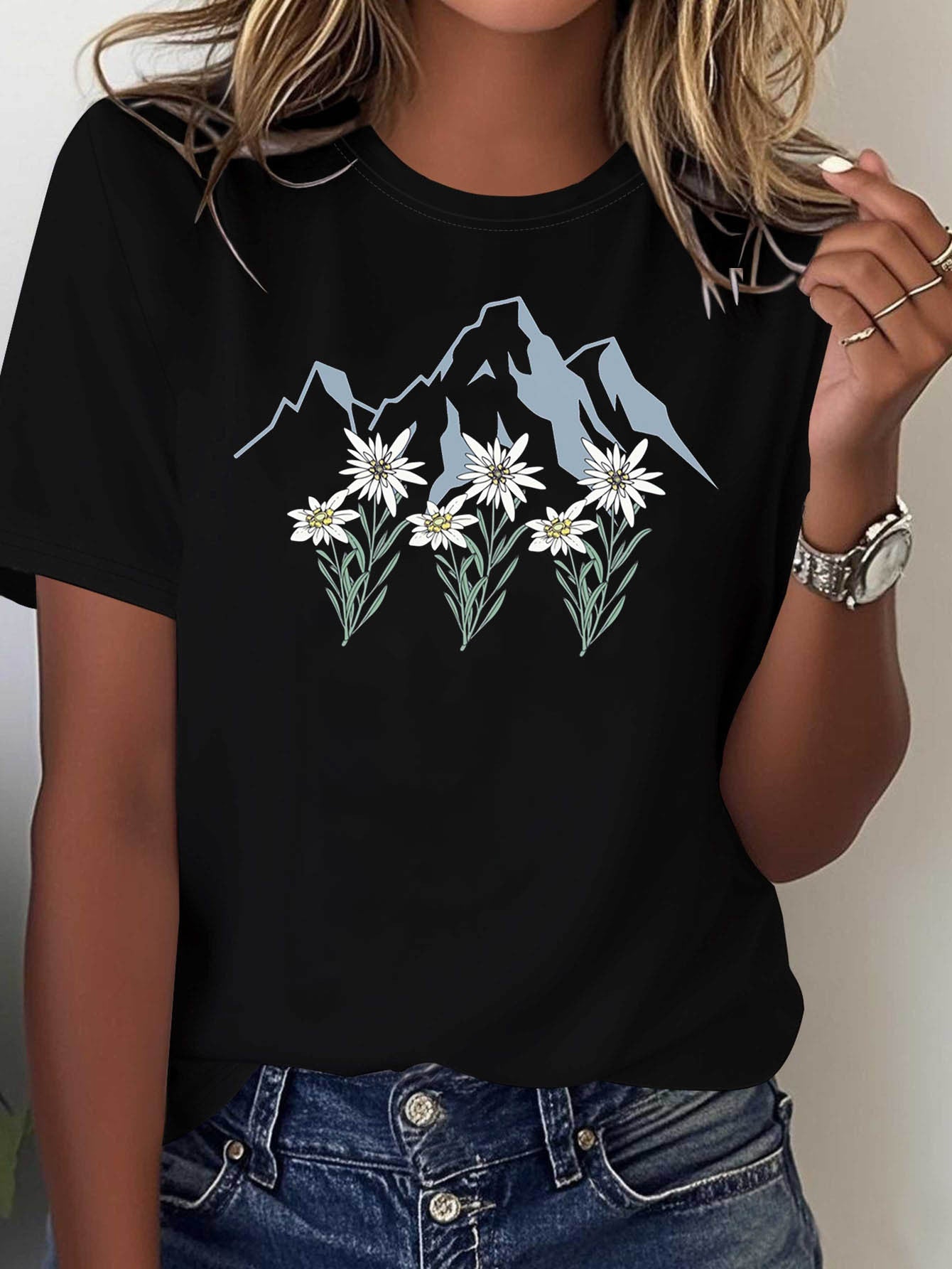 Minimalist Mountain & Flower T-Shirt