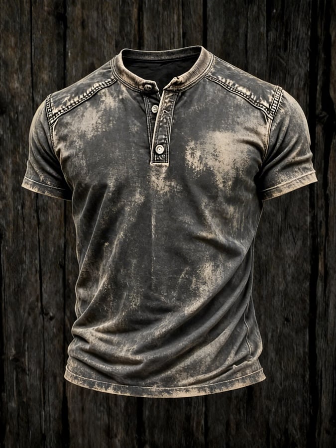 Men's Retro Pure Cotton Washed Color Block Casual Henley Collar Short-Sleeve Top