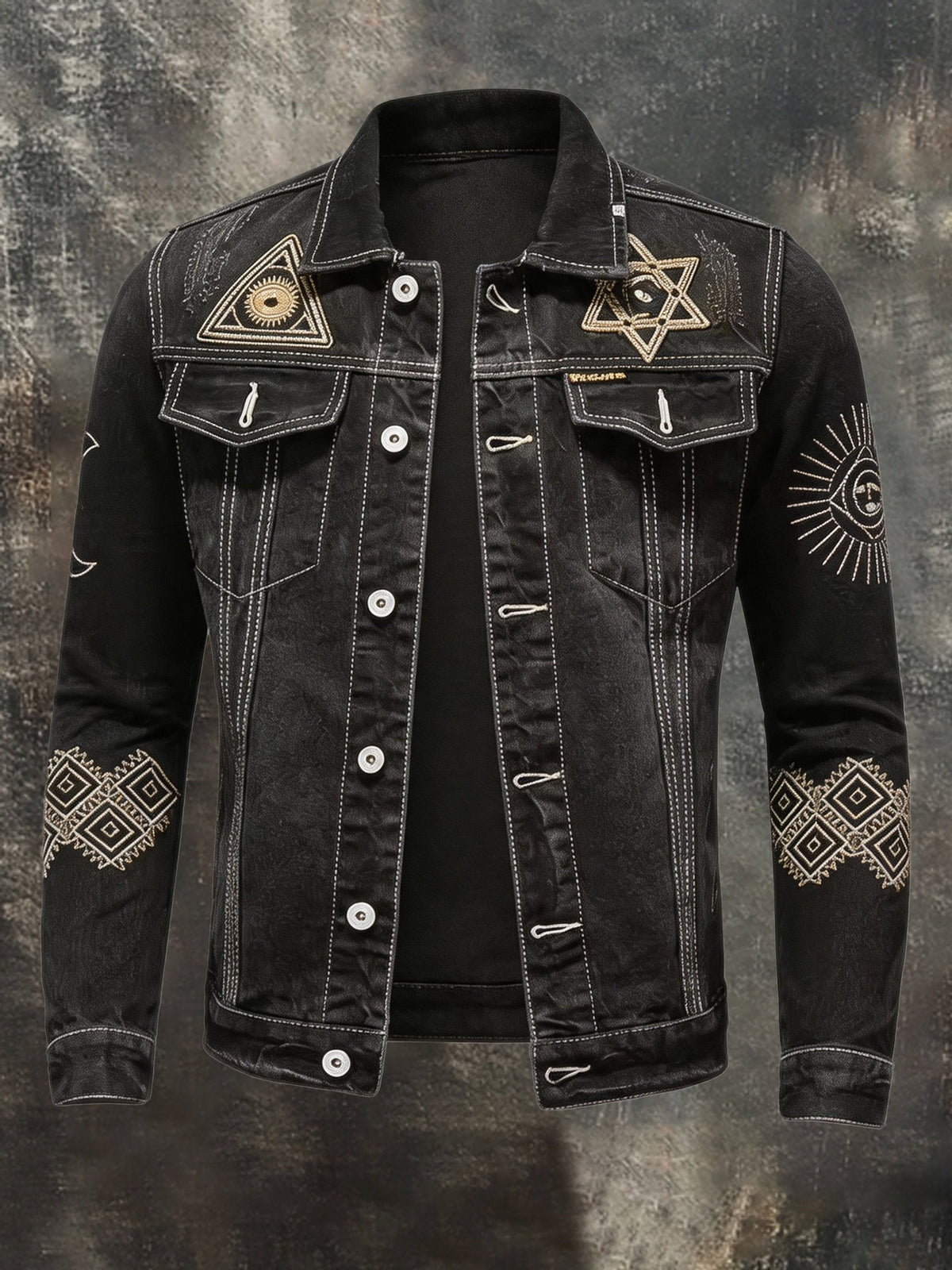 Men's Vintage Distressed Embroidered Biker Denim Jacket