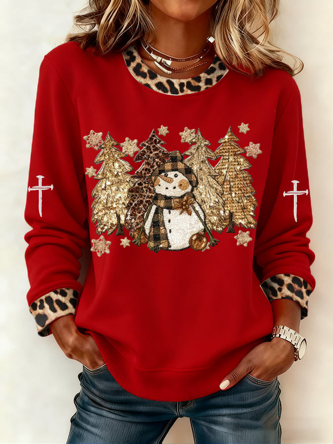 Women's Casual Leopard Print Snowman Sweatshirt