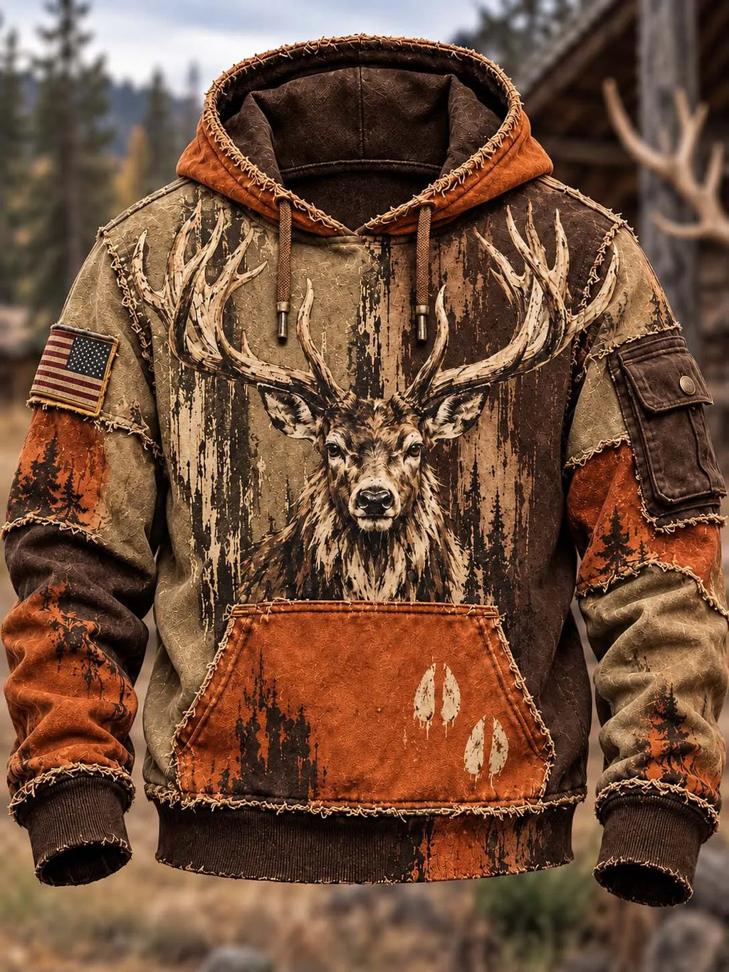 🦌🌲 Massive Antler Buck Forest Patchwork Hoodie