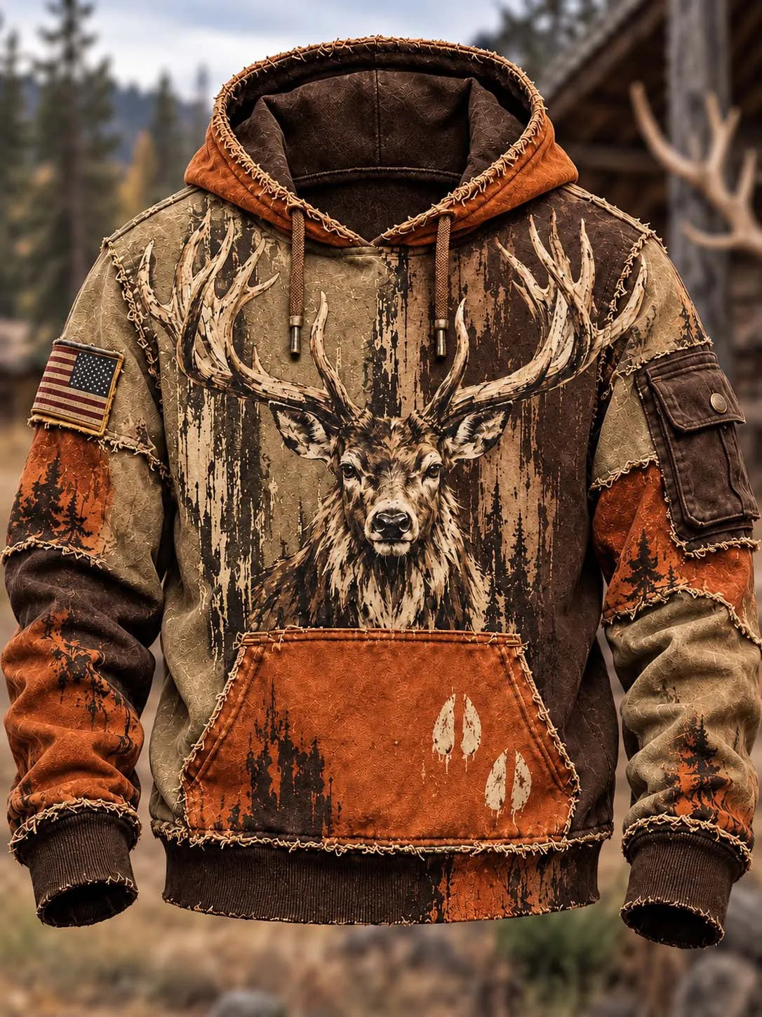 🦌🌲 Massive Antler Buck Forest Patchwork Hoodie