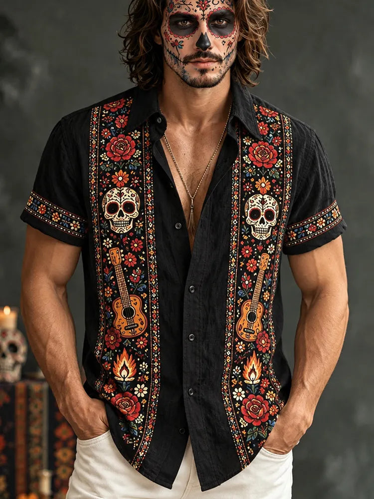 Men‘s Retro Mexico Day Of The Dead Sugar Floral Skull Printed Shirt