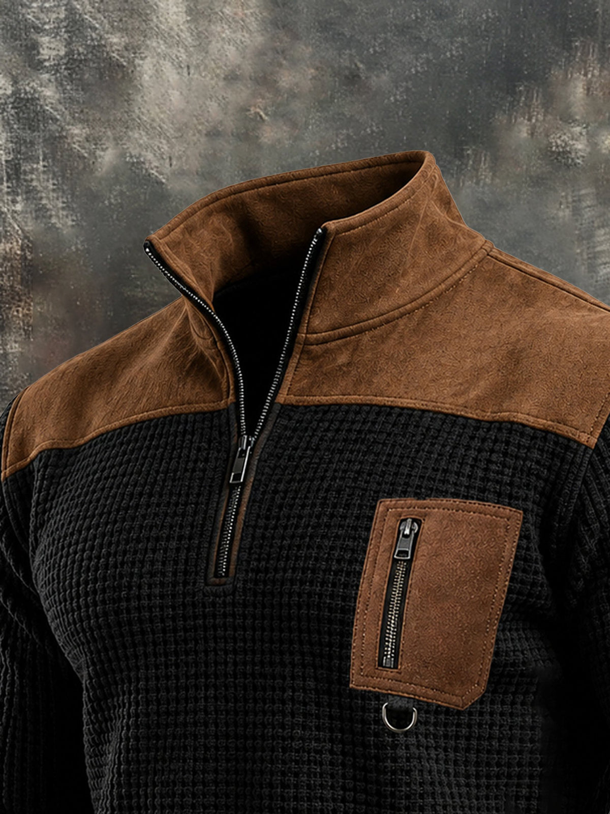 Men's Retro Waffle-Knit and Faux Suede Panel Zip-Up Sweatshirt