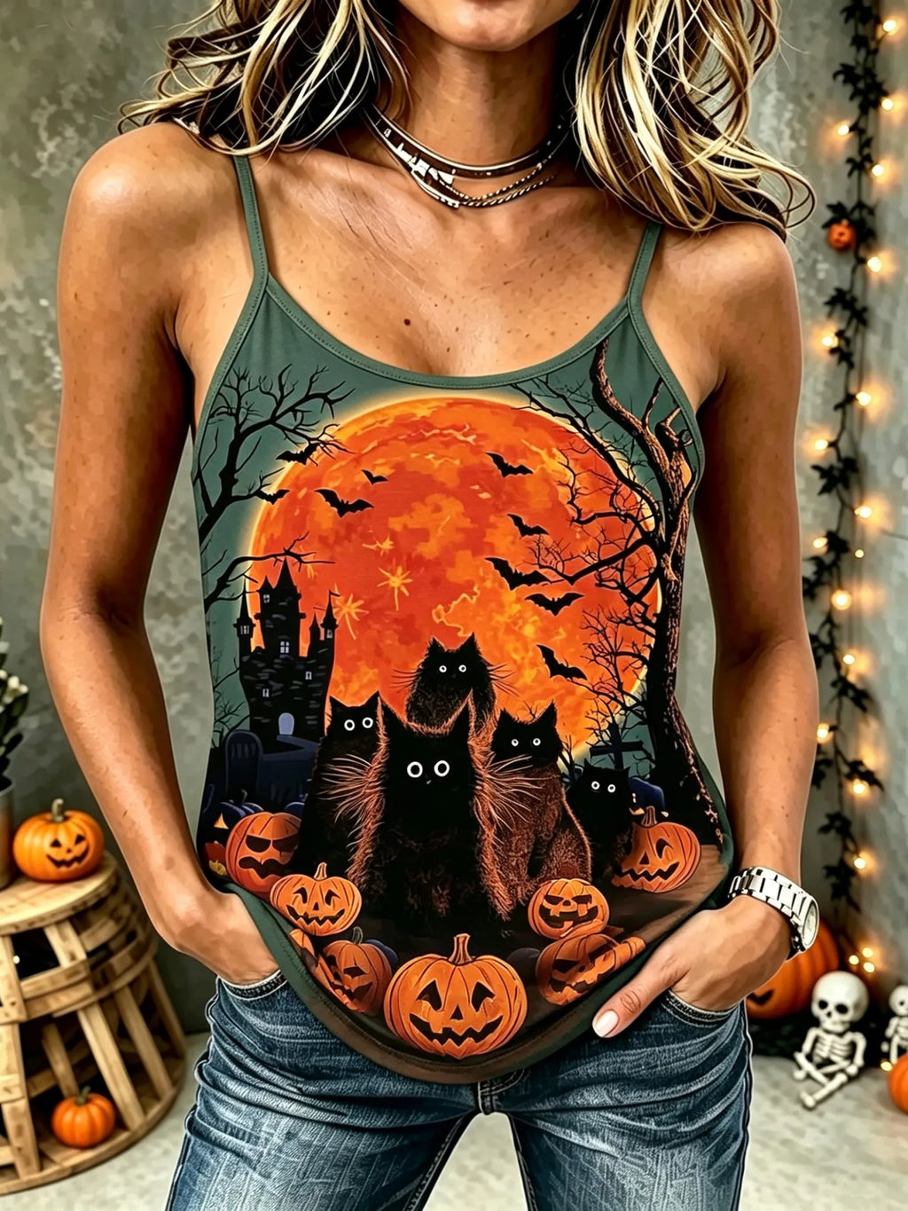 Women's Vintage Gothic Halloween Cat Print Comfy Print Sleeveless Camisole Top
