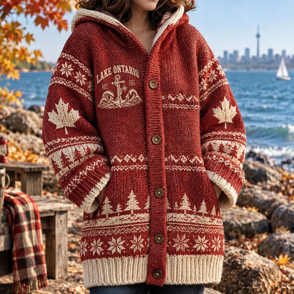 Women's Vintage Lake Ontario Fair Island Knit Casual Warm Hooded Cardigan Sweater