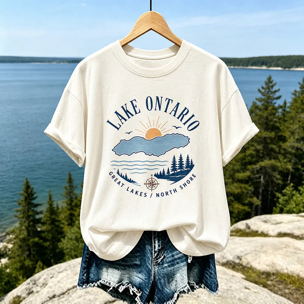 Women's Casual Crewneck T-shirt In Cream With Lake Ontario Map, Sun, And Forest Print