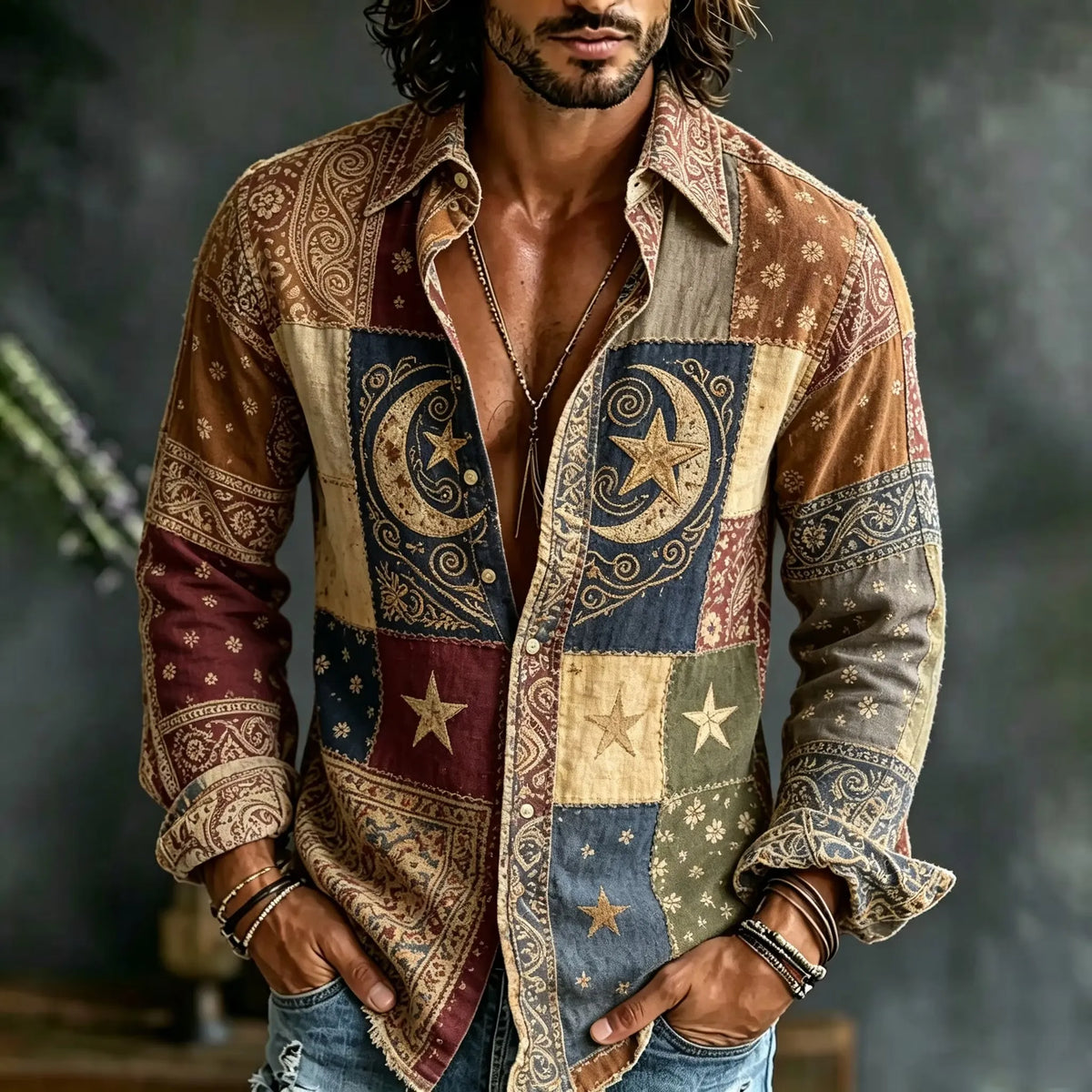Men's Paisley Moon Star Patch Print Shirt