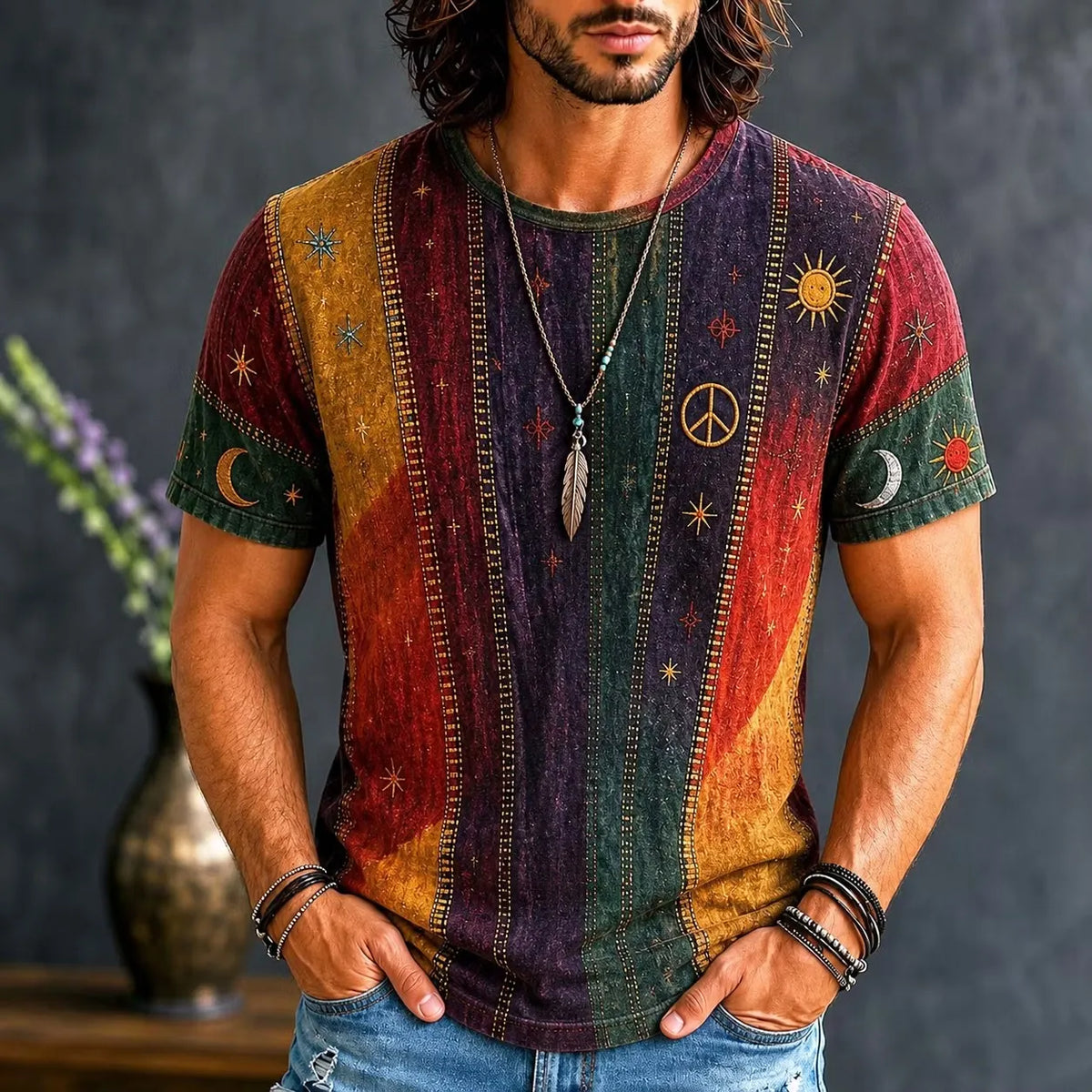 Men's Vertical Stripe Color Block Sun Moon Peace Sign Print Crew Neck Short Sleeve T-Shirt