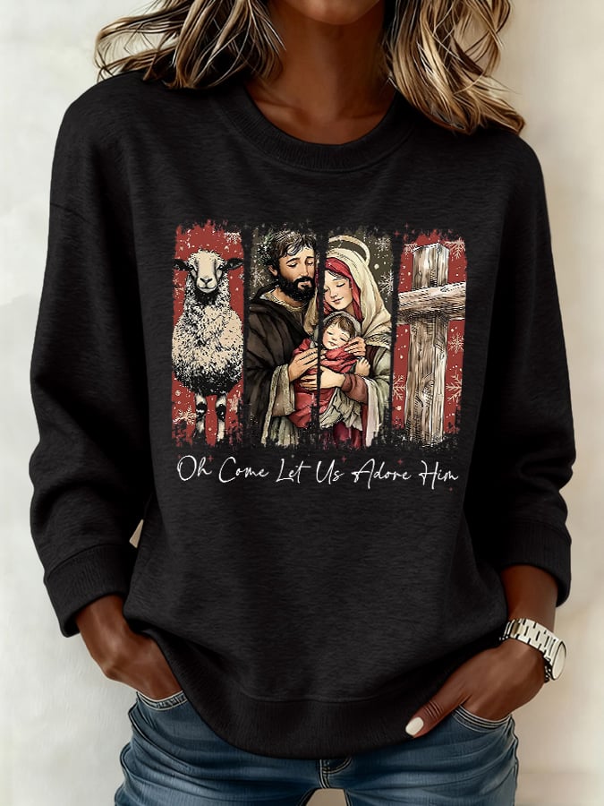 Retro Christmas O Come, Let Us Adore Him Print Sweatshirt