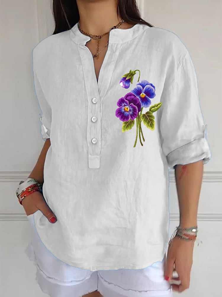 Women's Casual Floral Pansy Embroidery Print Shirt