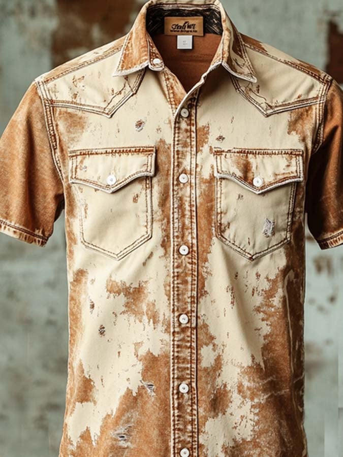 Men's vintage twill shirt with two pockets and short sleeves in a used look