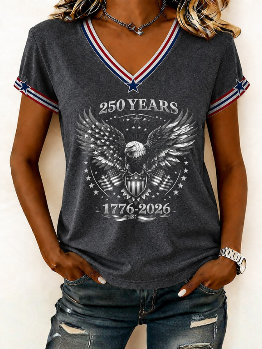 Women's America Flag Floral Print Casual V-Neck T-Shirt