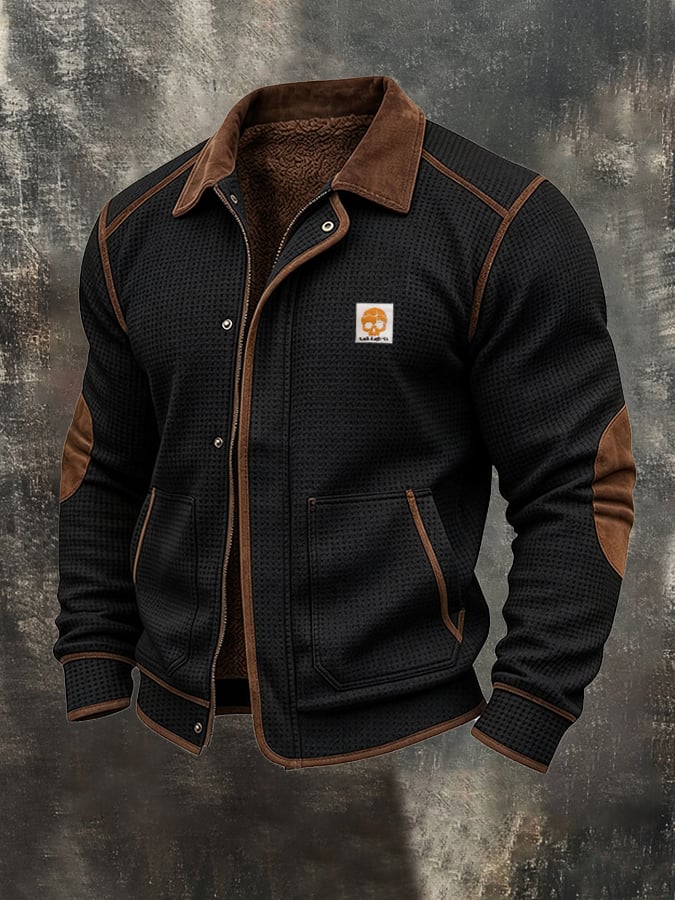 Men's Retro Color-Block Jacket: Fleece-Lined Thermal Waffle-Knit & Faux Suede Panel Design