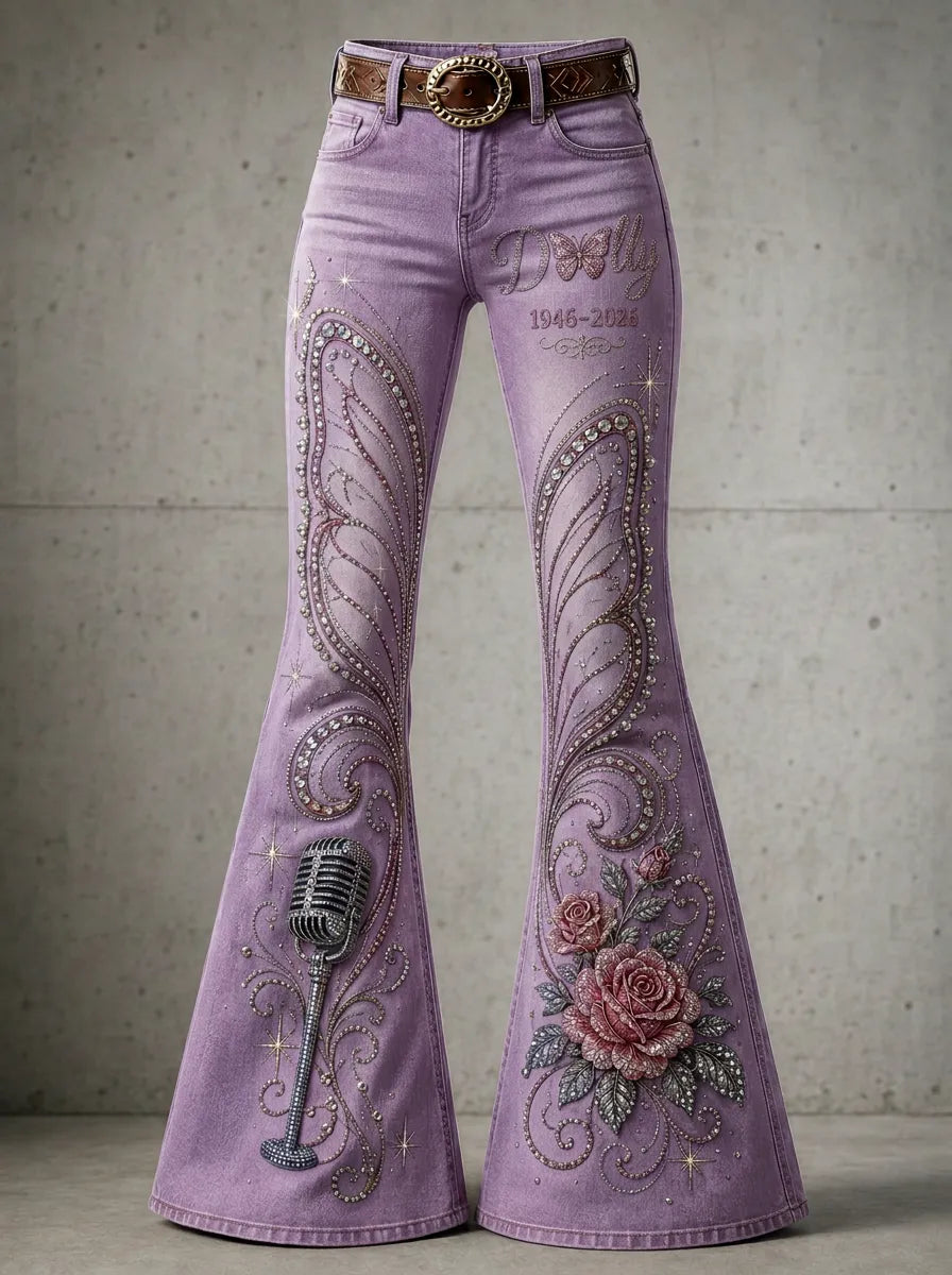 Women's Dolly Parton Butterfly Rose Microphone Printed Flare Jeans