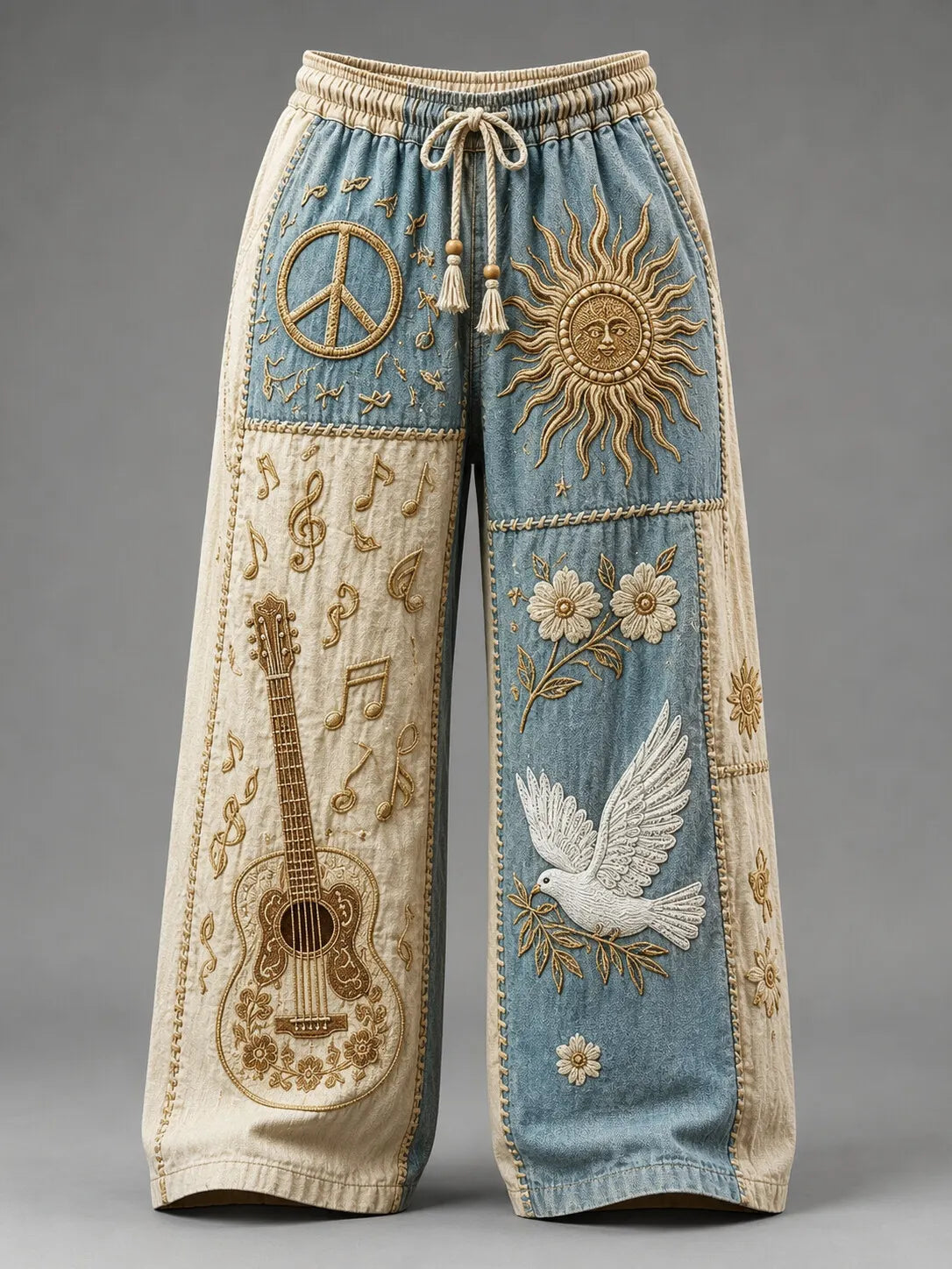 Men's Hippie Spliced Block Peace Sign Sun Dove Guitar Musical Note Floral Print Pants