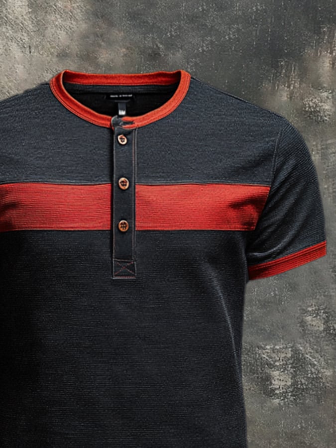 Men's casual retro wash colorblock Henley T-shirt