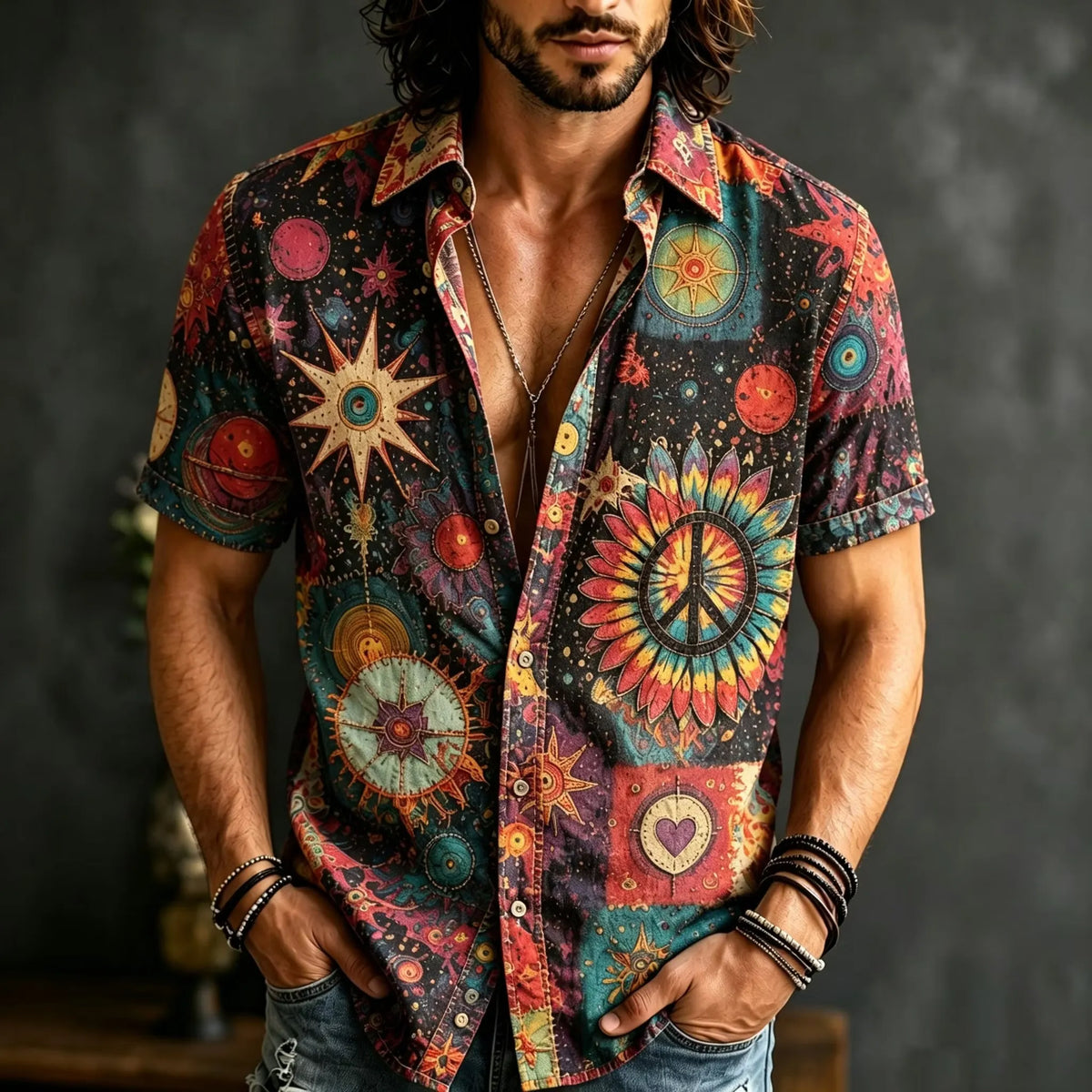 Men's Psychedelic Cosmic Star Peace Sign Print Short Sleeve Buttons Shirt