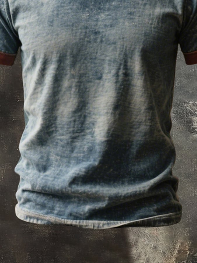 Men's retro style color block t-shirt with round neck and short sleeves